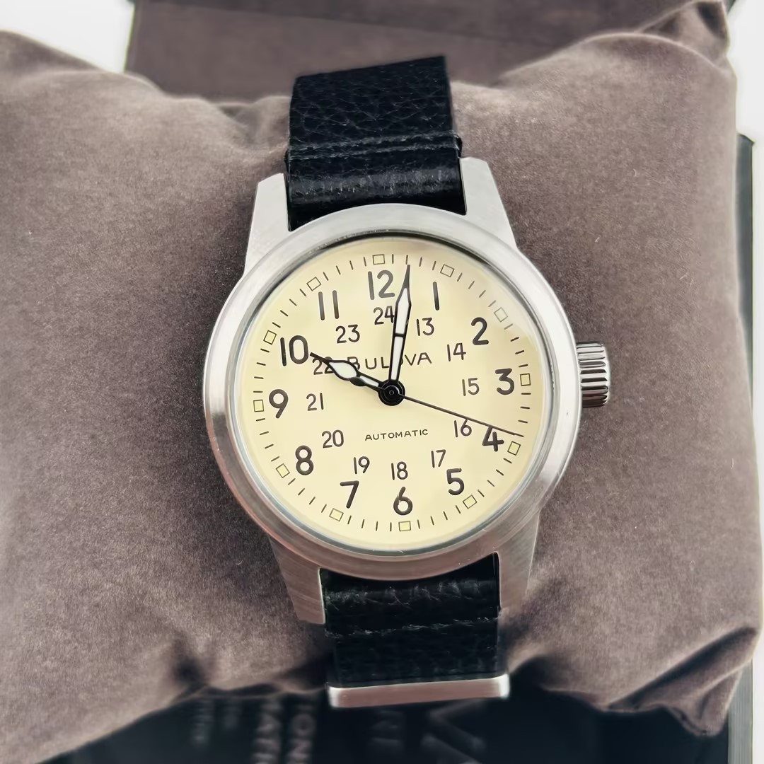 Bulova Men’s Hack Watch 96A246 Ivory Dial Automatic Black Leather Strap New 38mm