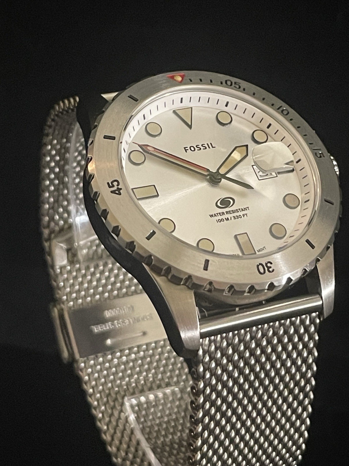 Fossil FS5948 Blue Diver Silver Sunburst Mesh Watch 100M NOS Box Tag Quartz 42mm