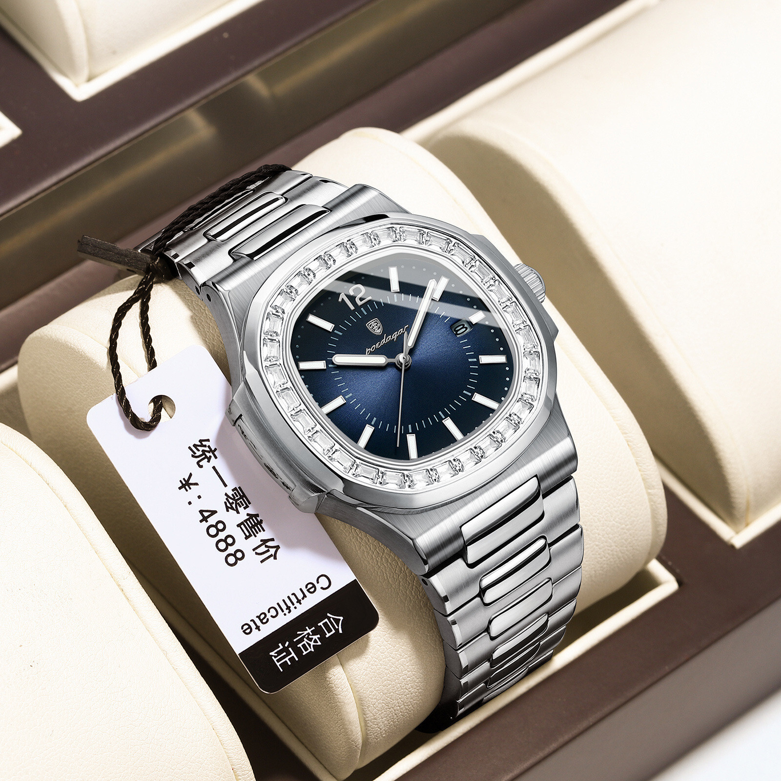 POEDAGAR Men Quartz Watch Diamond Bezel Stainless Steel Band Waterproof Date