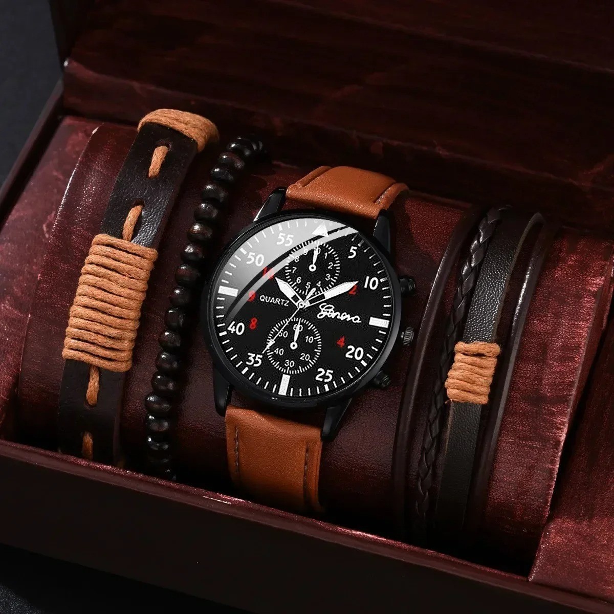 4/2/1pcs Men Sports Watches Set Man Business Quartz Wristwatch Luxury Brown Leat