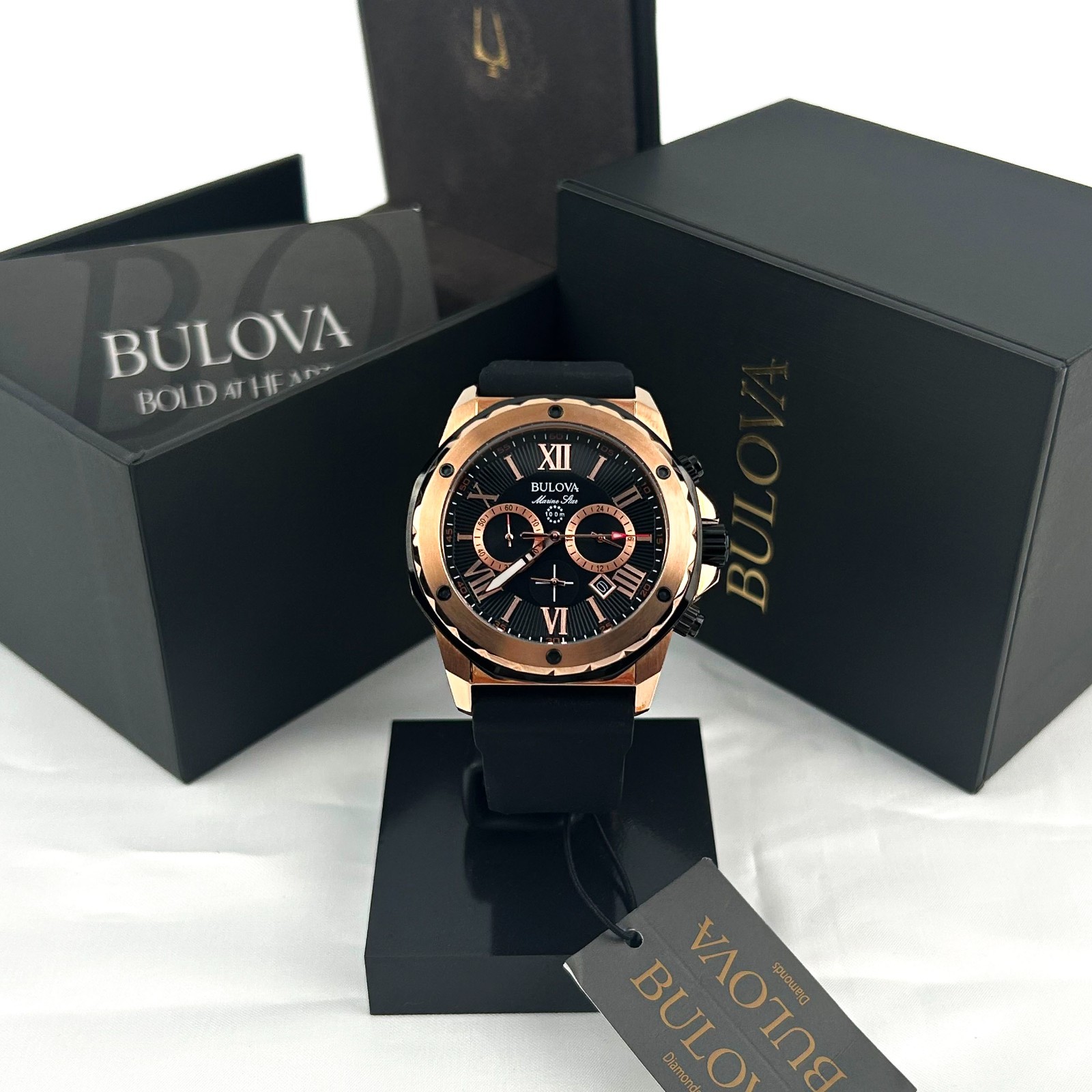 New w/box/Bulova Men’s Marine Star 98B104 Black Dial Silicone Strap Quartz Watch