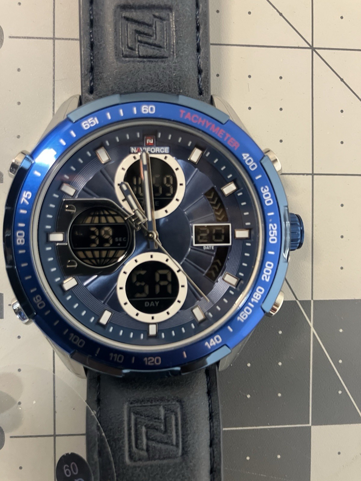 Naviforce Men NF9197 Sport Blue Leather Quartz Analog Diigtal 46mm Watch 7 1/2″