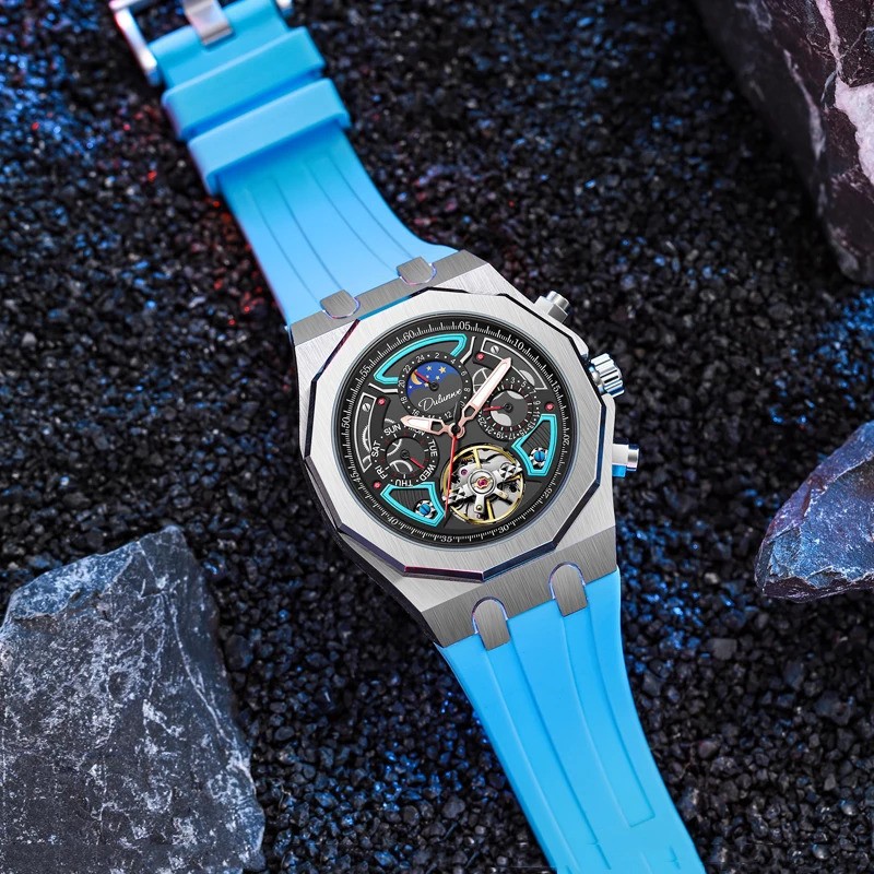 Men’s Tourbillon Mechanical Skeleton Watch Moon Phase Date Waterproof Automatic