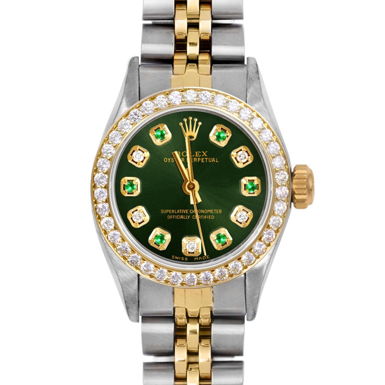 Rolex Lady TT Oyster Perpetual Green Emerald Diamond Dial Diamond Bezel Jubilee