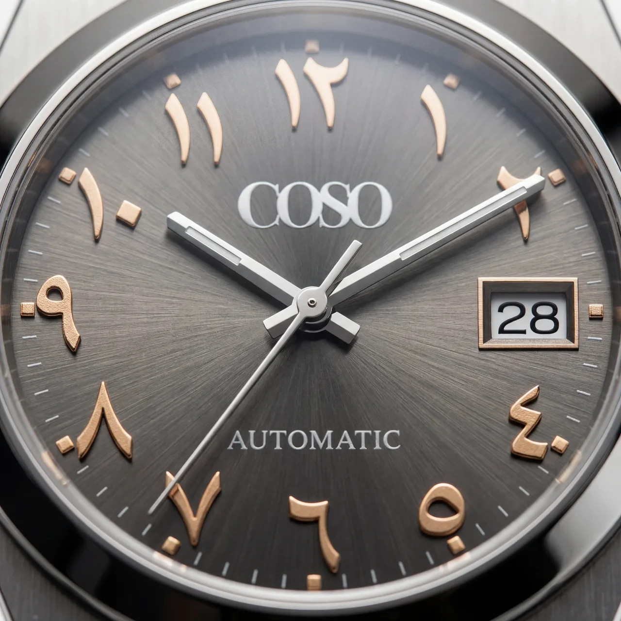 COSO Tolaris Automatic Watch Charcoal Dial Gold Eastern Arabic Steel Bracelet