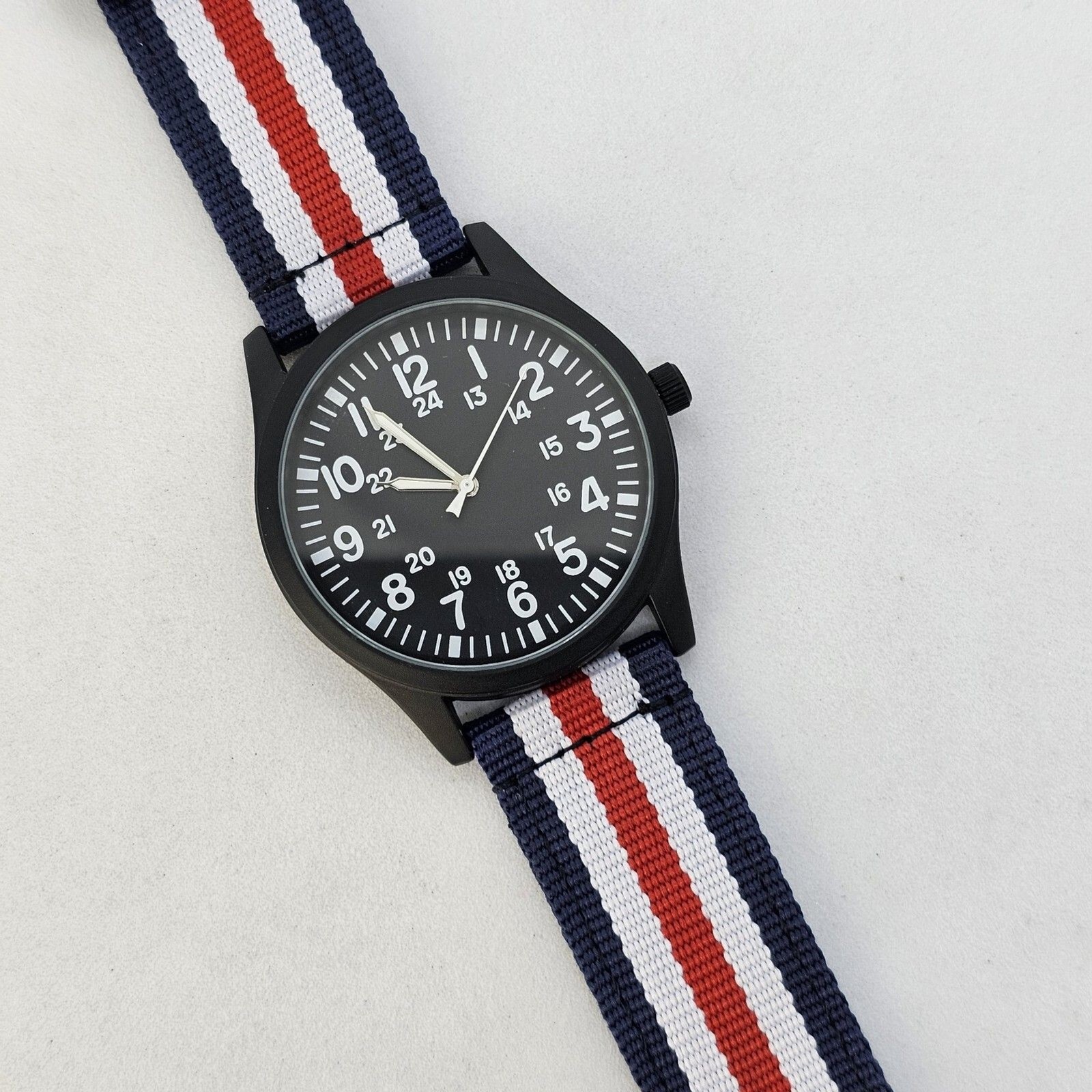 Field Men’s Watch 42MM Black Case Dial Blue White Red Canvas Band Straps NewBatt