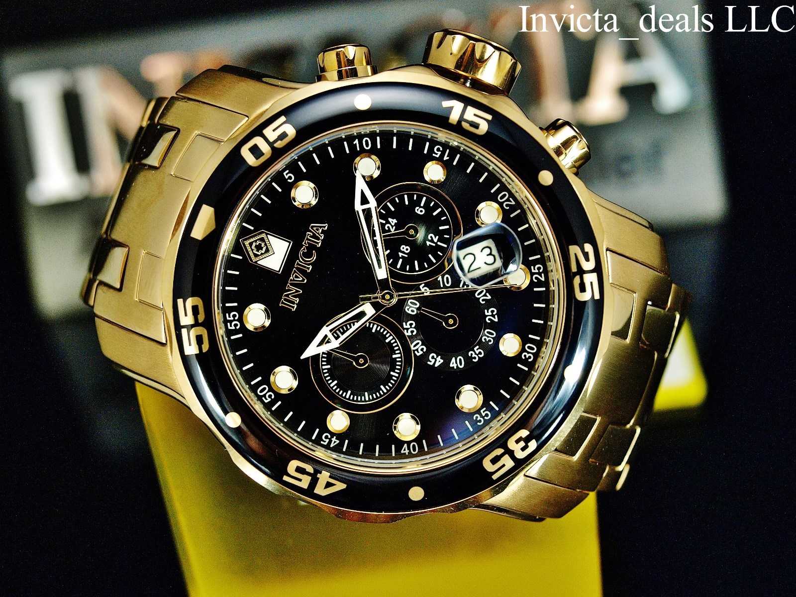 Invicta Men 48mm Pro Diver SCUBA Chronograph Black Dial 18k Gold Plated SS Watch