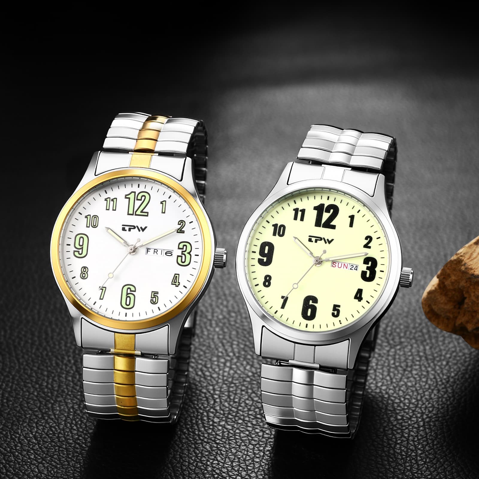 Luminous Couple’s Date Easy Reader Stretch Band Wrist Watch for Mom Dad Senior