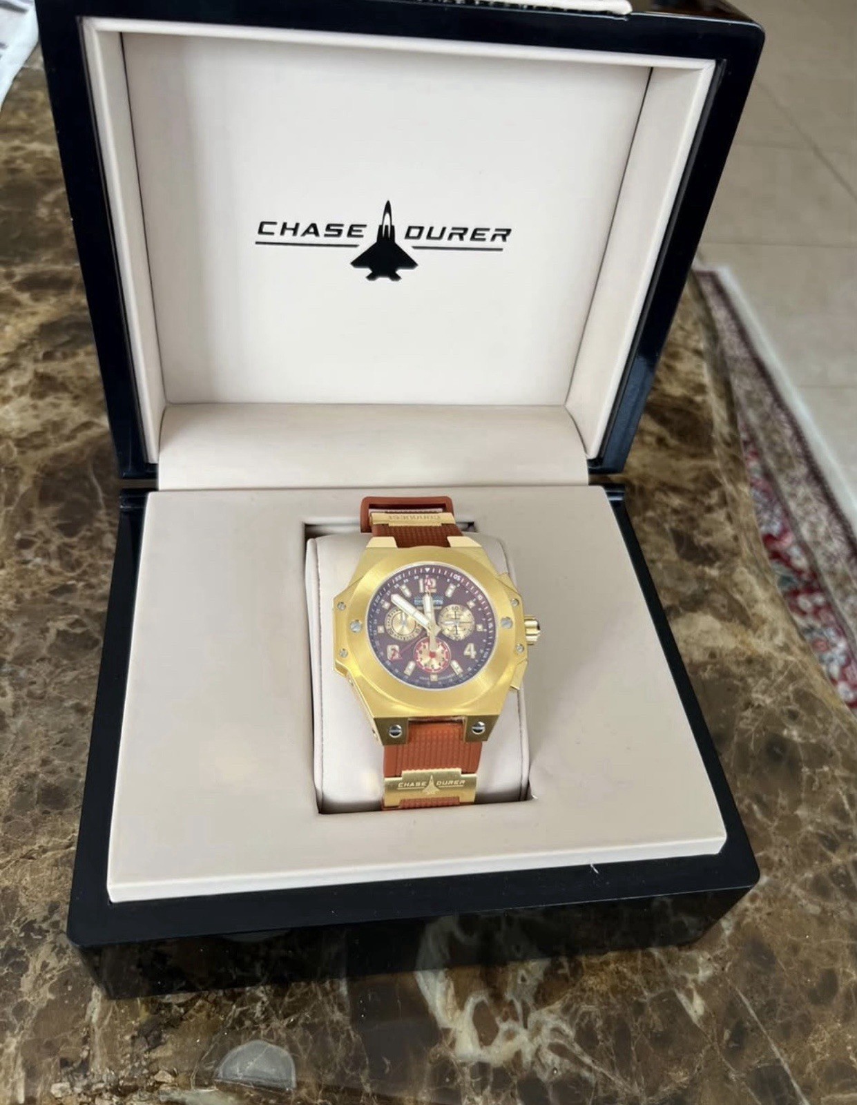 Chase-Durer Conquest Quartz Chronograph 42mm Gold Tone Brown Rubber Strap Box