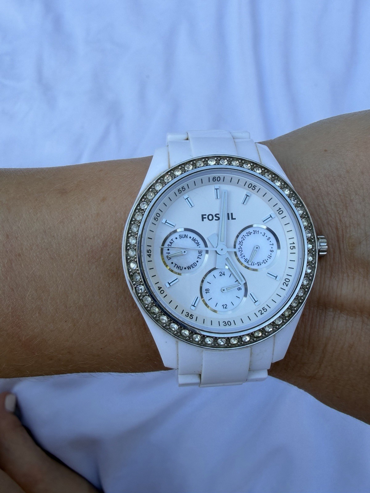 Fossil Stella ES1967 Women’s White Resin Watch Multifunction Crystal Bezel 37mm