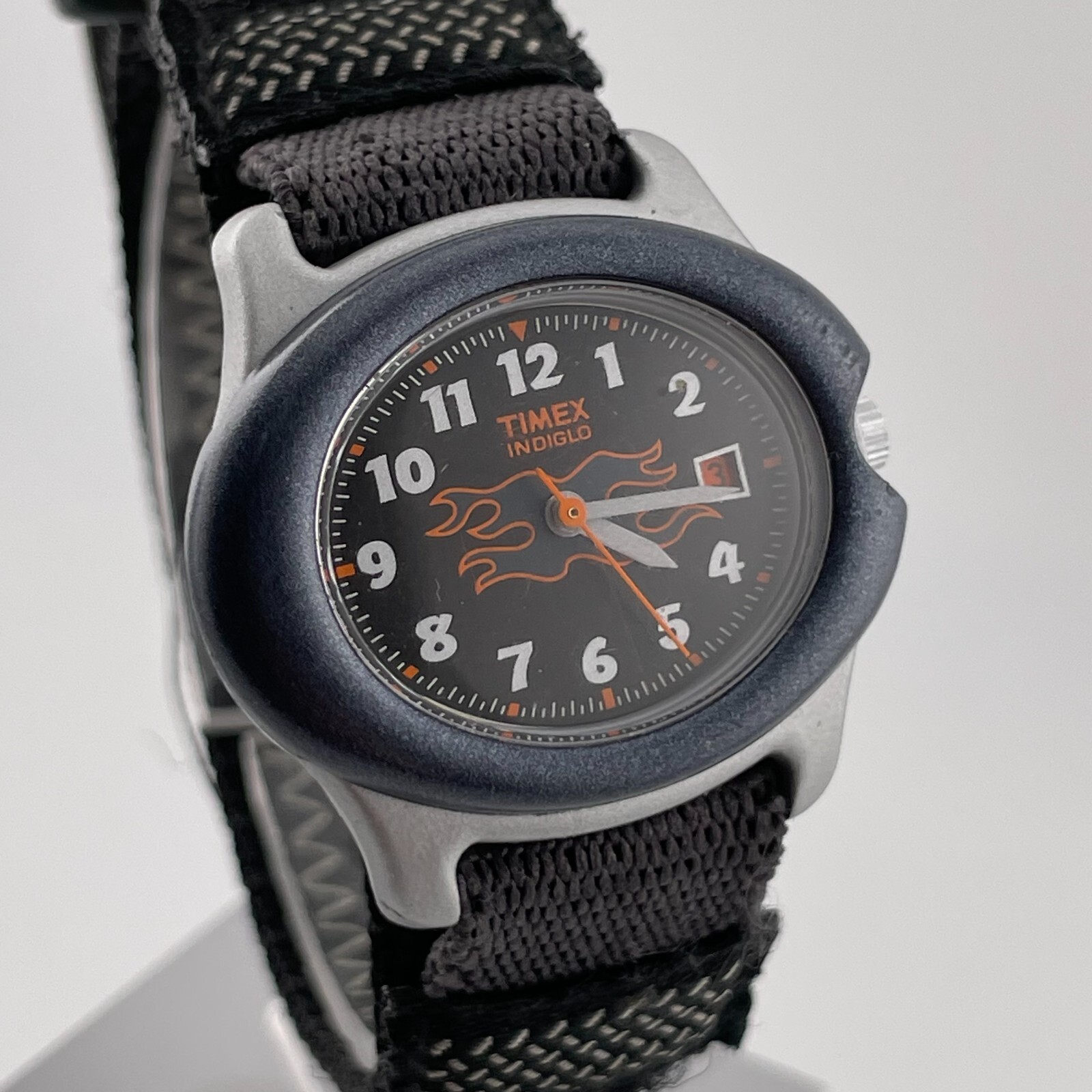 Timex Indiglo Watch Vintage Date Flames 31mm Case One Piece Nylon Strap Quartz