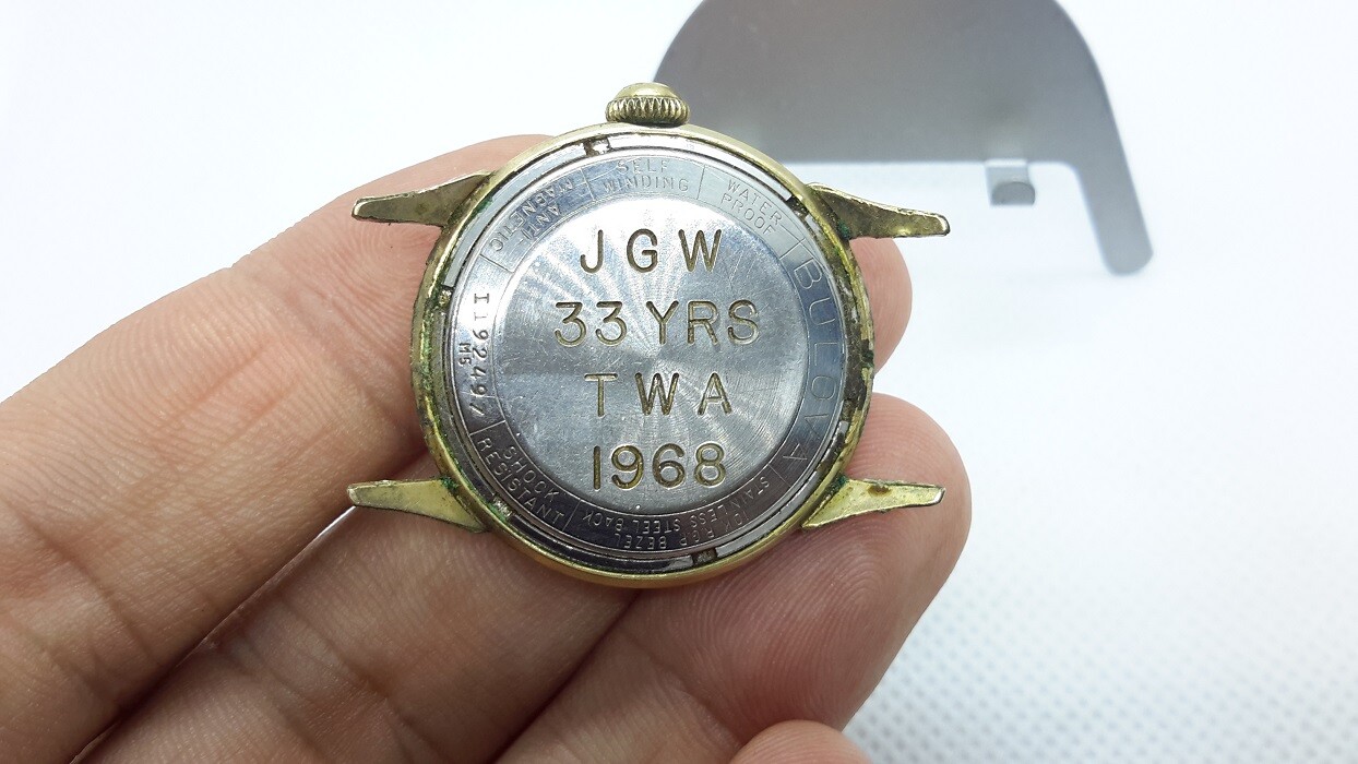 1960s BULOVA SELF WINDING MENS WATCH. M5. 33 years TWA Service
