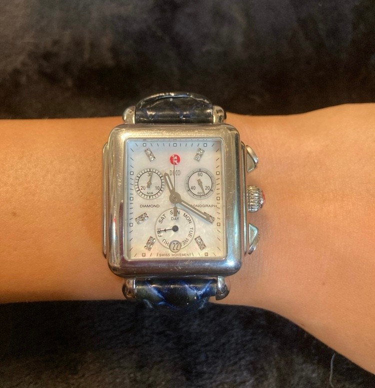 MICHELE Deco Chronograph Women’s Watch 33mm White MOP Diamond Dial Swiss Quartz