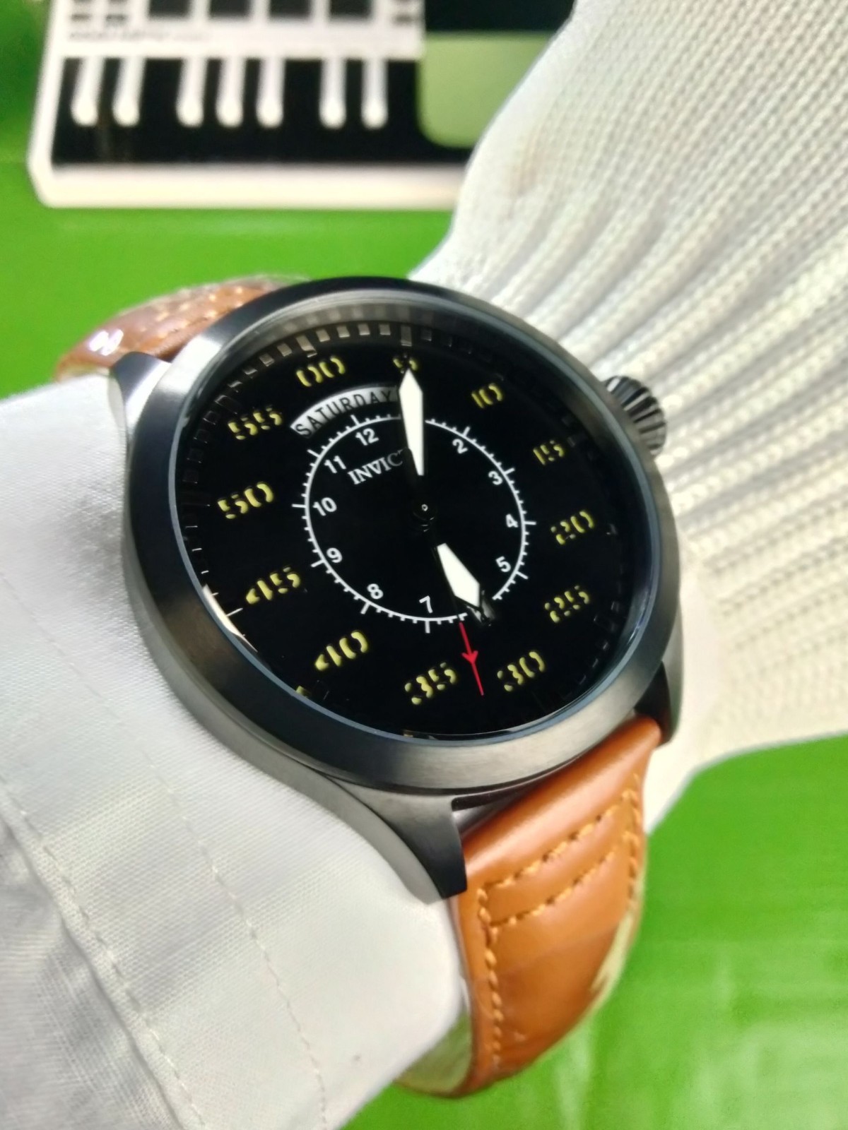 Invicta Aviator 22974 Men Black Case & Dial Tan Leather Strap Quartz Watch 45 mm