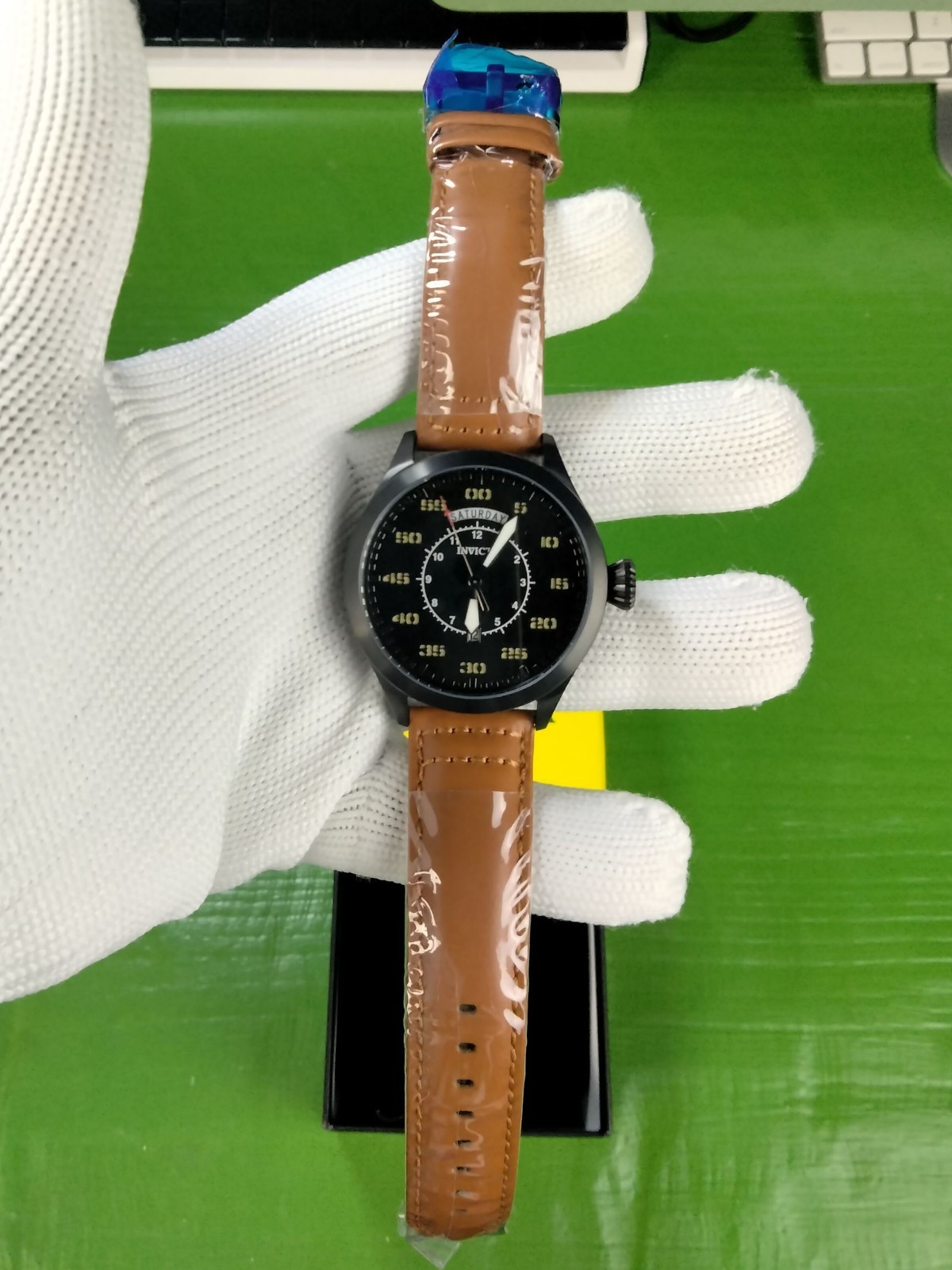 Invicta Aviator 22974 Men Black Case & Dial Tan Leather Strap Quartz Watch 45 mm