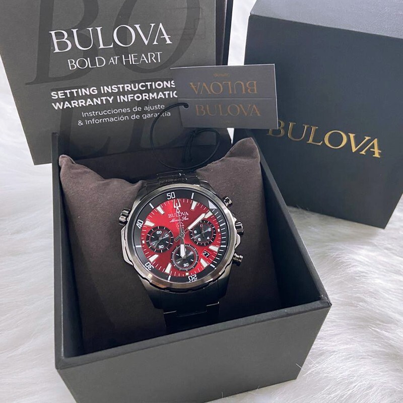 Men New Bulova Classic Red Marine Star Stainless Steel 98B350 Watch (43MM)