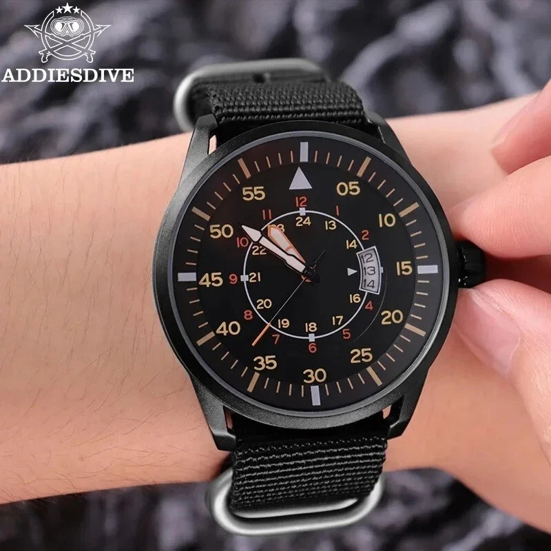 44MM ADDIESDIVE Vintage Quartz Men Watch Luminous Nylon 50M Waterproof Diver NEW