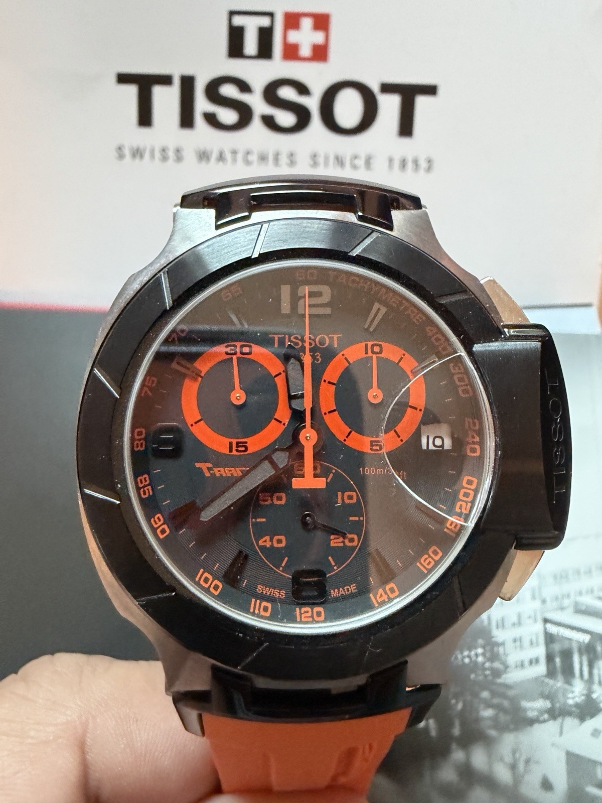 Tissot T-Race Swiss Made Quartz Chronograph 45mm Black Dial Orange Strap 100m