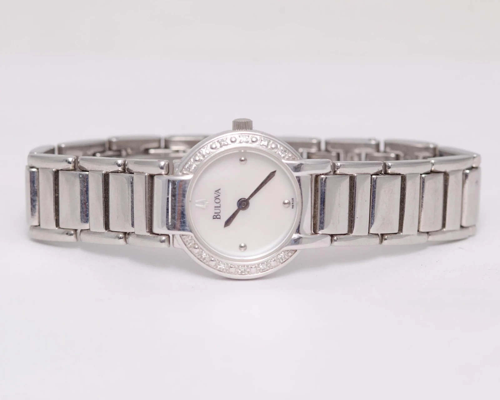 Ladies Bulova 96R08 Silver Dial Diamond Accent Bezel Quartz Watch