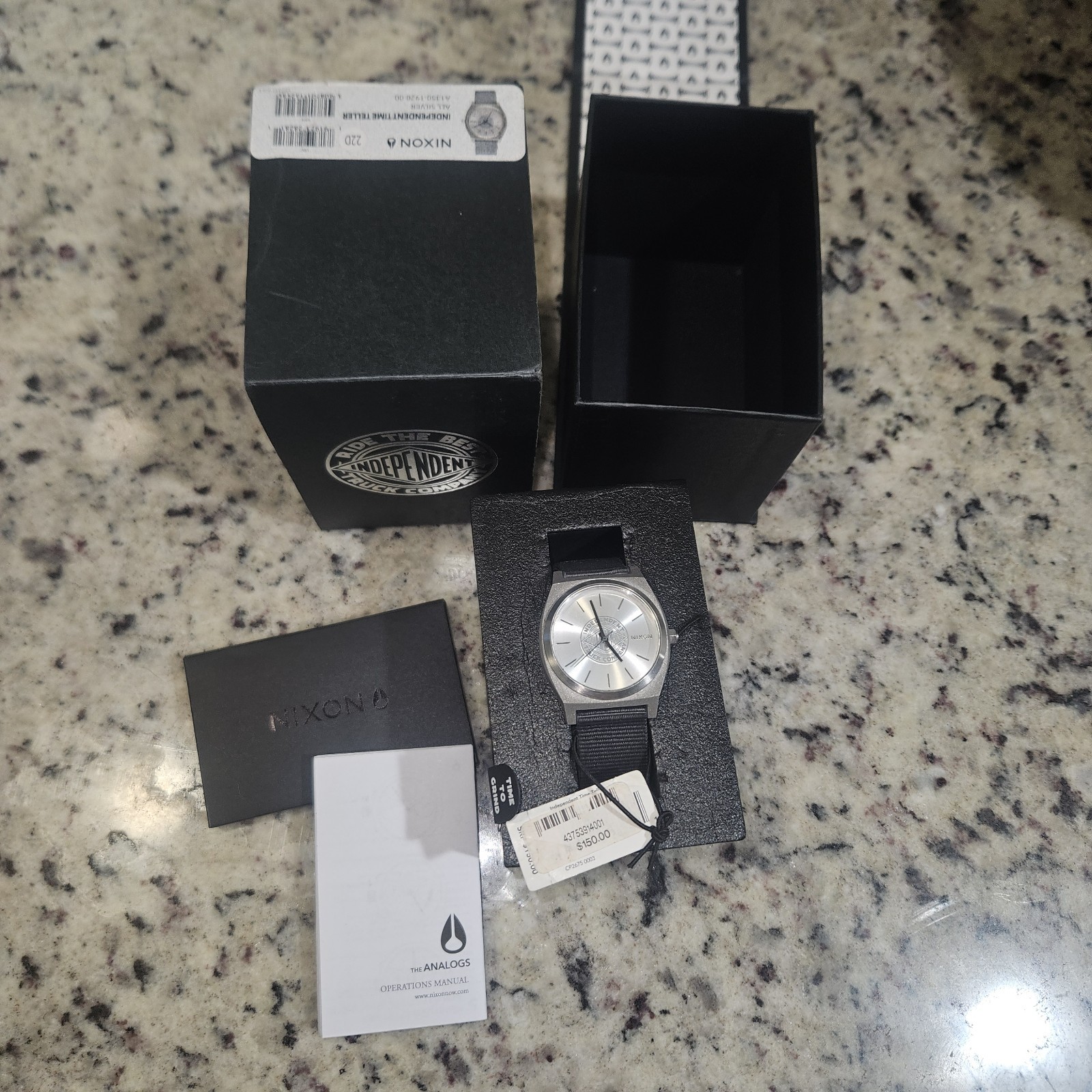 Nixon Independent Time Teller Quartz Analog Silver Dial SS Case Gray Nylon Strap