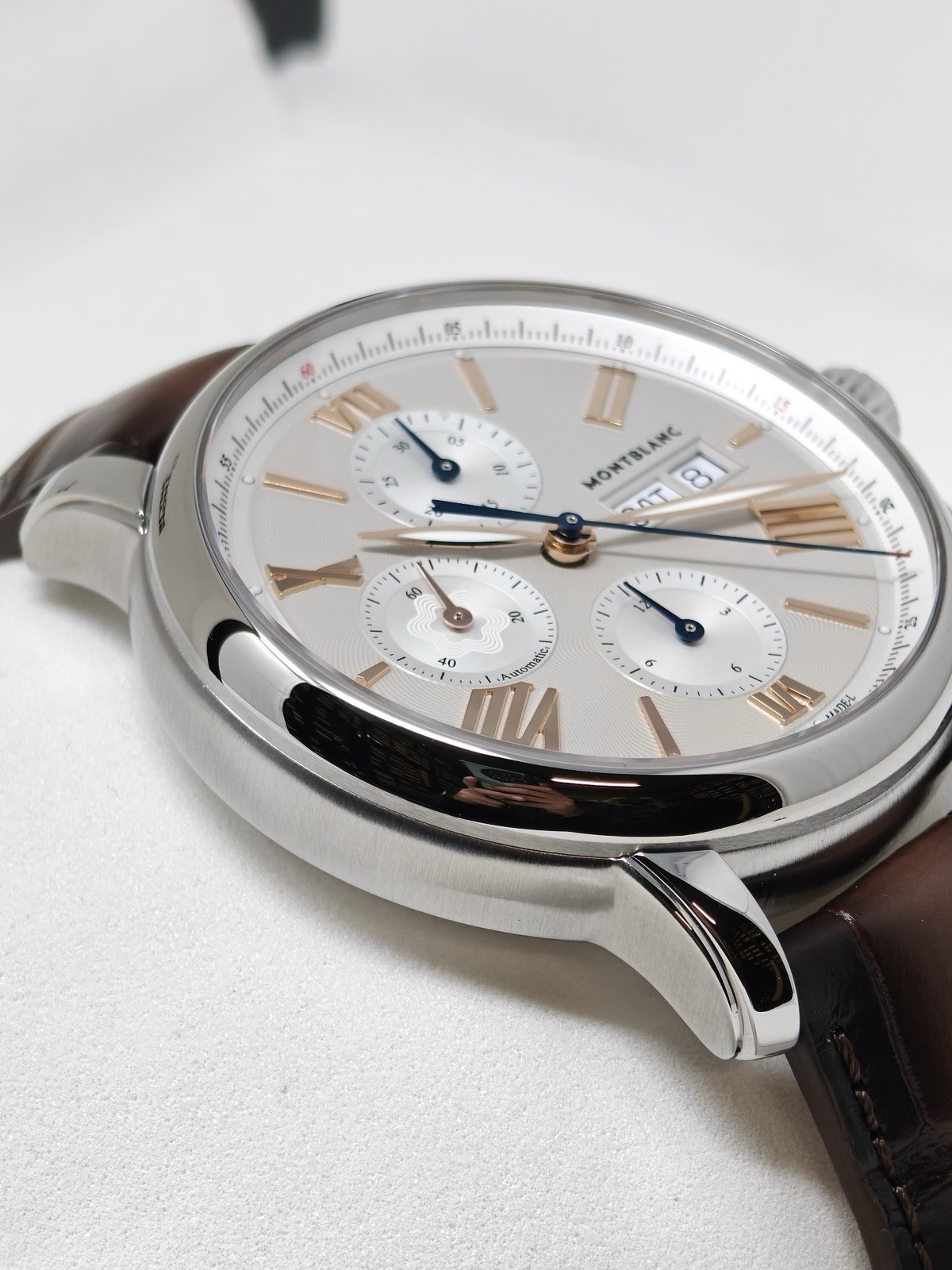 MontBlanc Star Legacy Day Date Chronograph Watch Brown Aligator Leather 126080