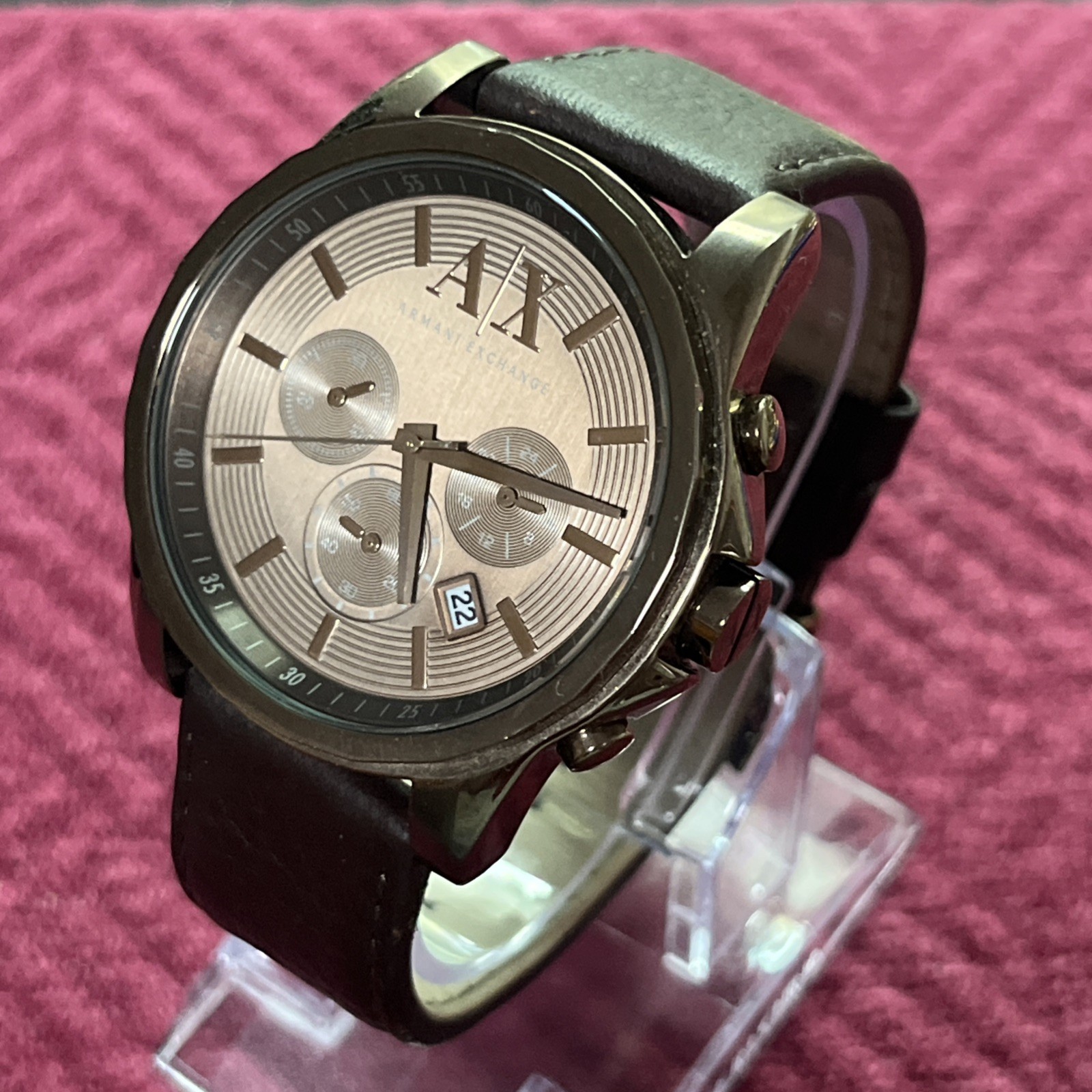 Watch Chronograph Dark Brown Leather Strap 45mm Ax2090