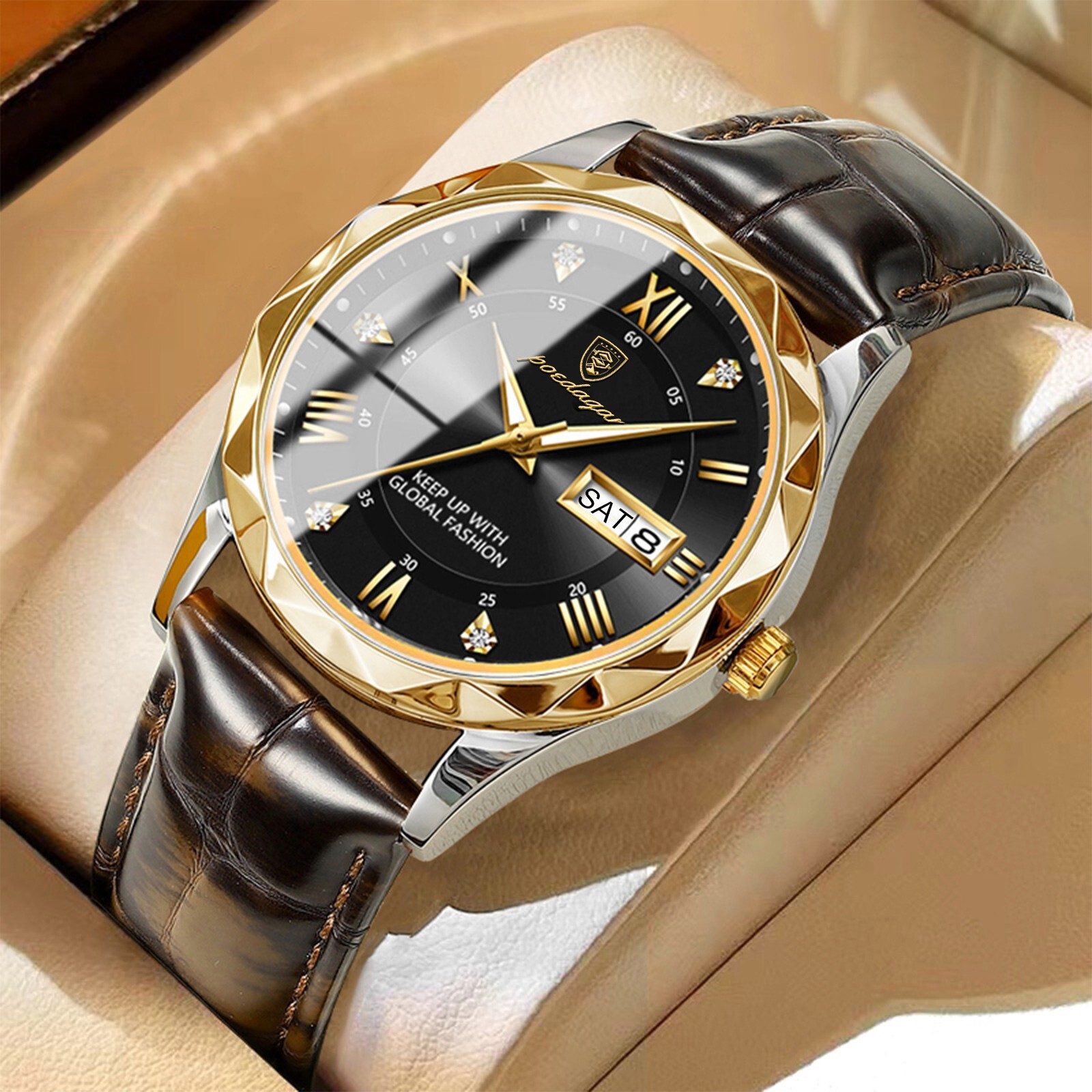 Luxury Business Man Wristwatch Waterproof Luminous Date Week Men Leather Watch