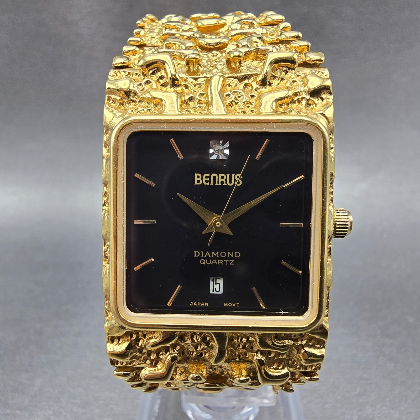 Benrus Gold Nugget Watch Unisex 28mm Black Dial Gold Tone Date Rectangle New bat