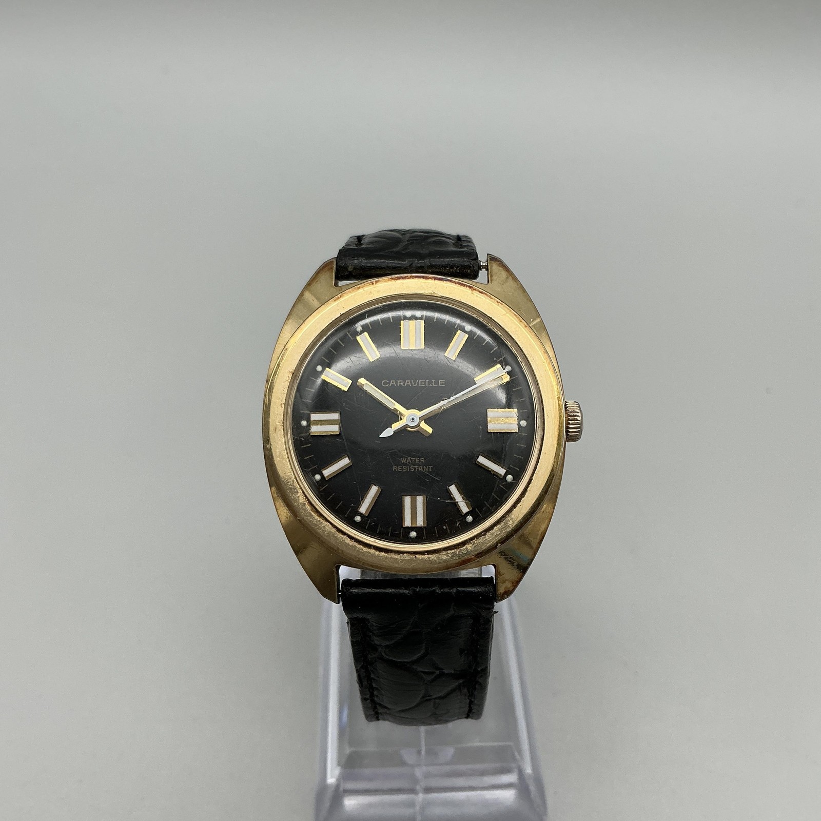 Vintage Caravelle Mens Watch 33mm Black Dial Gold Tone Case Manual Leather Strap