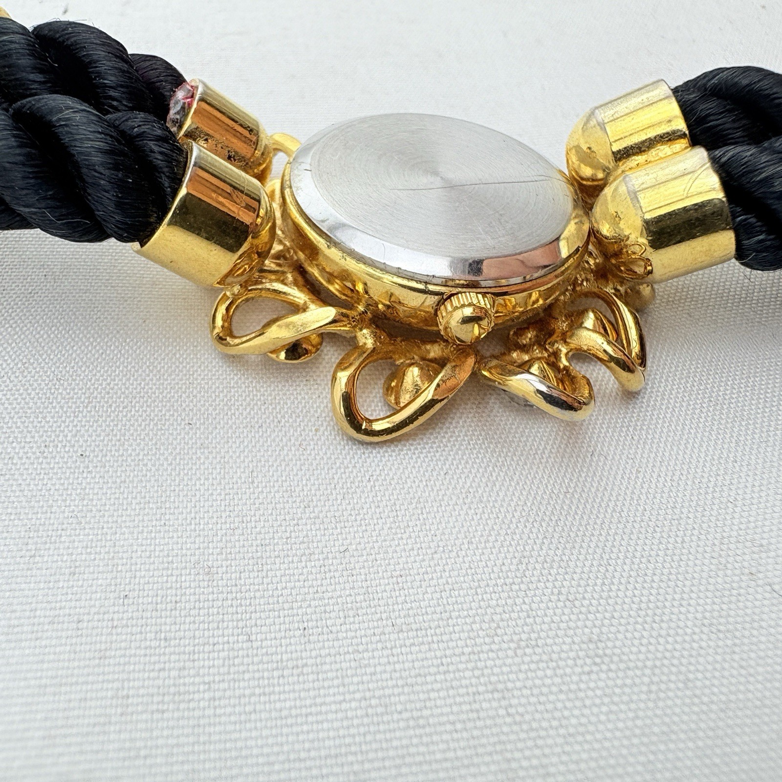 Women Contempo Quartz Watch Black Cord Bracelet Band Gold Case Clear Cz Stones