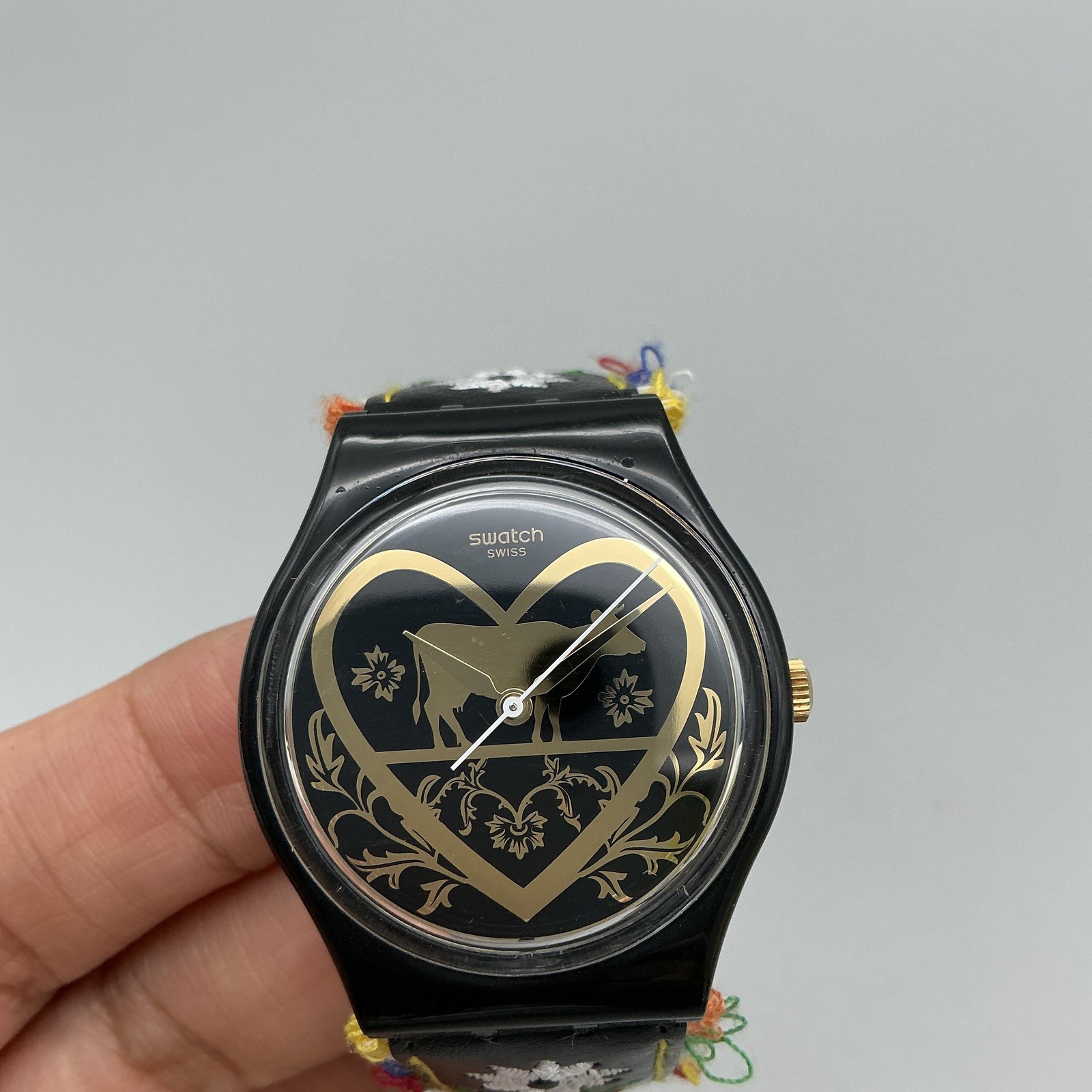 Swatch Die Glocke Mens Watch 33mm Black Embroidered Leather Bell New Battery