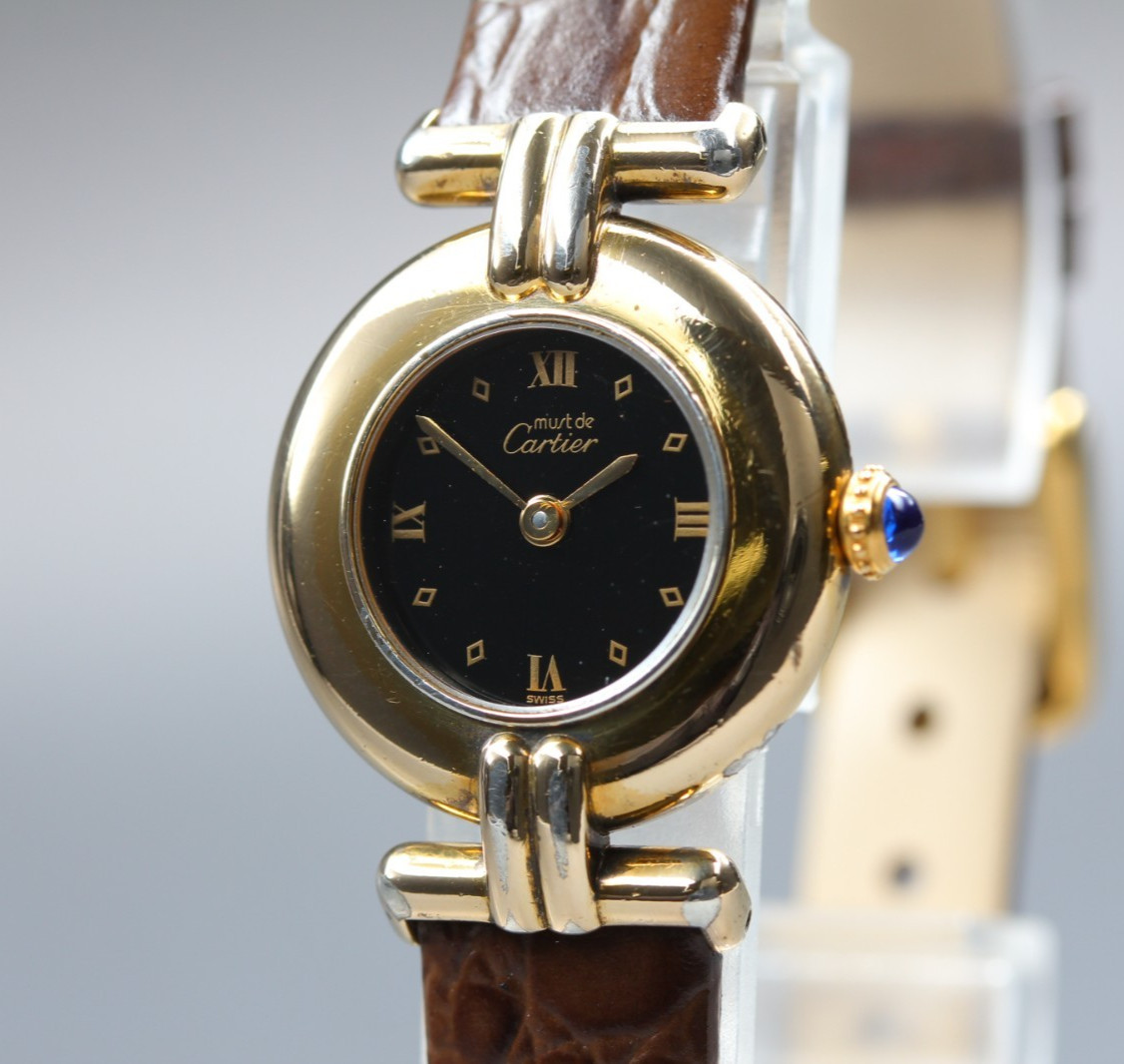 Vintage [Exc+5] CARTIER Must Vermeil 925 Gold Black Roman Qz Womens From JAPAN