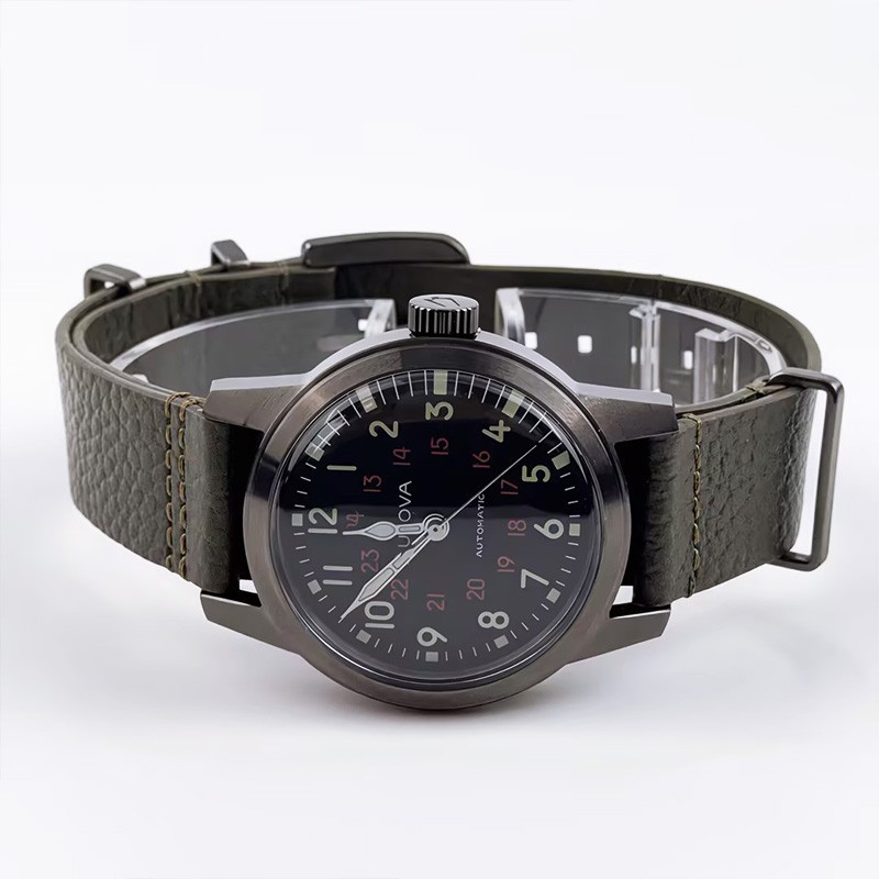 Bulova Hack 98A255 Black Dial Green Leather Strap Men’s Automatic Watch 38MM
