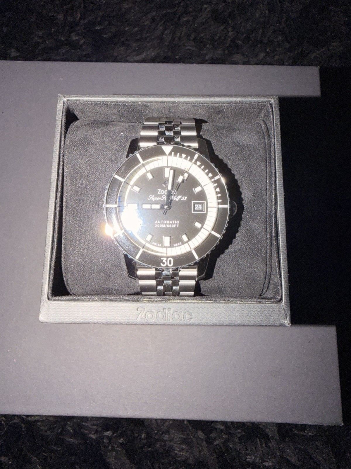 Zodiac Super Sea Wolf 53 Auto Diver 40mm Black Dial 200m Box Manual