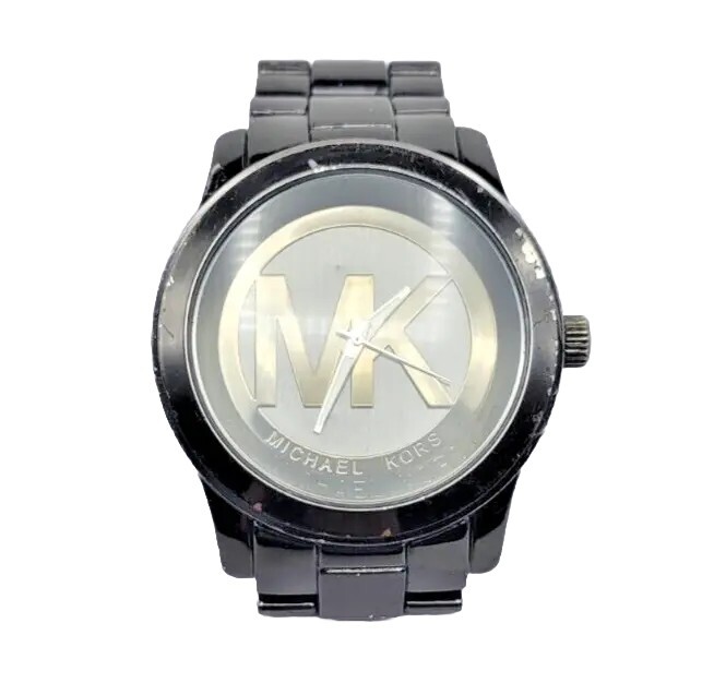 Michael Kors MK-1126 Hematite-Black Logo-Faced Stn.Steel 100m(10ATM) VTG Pre-own