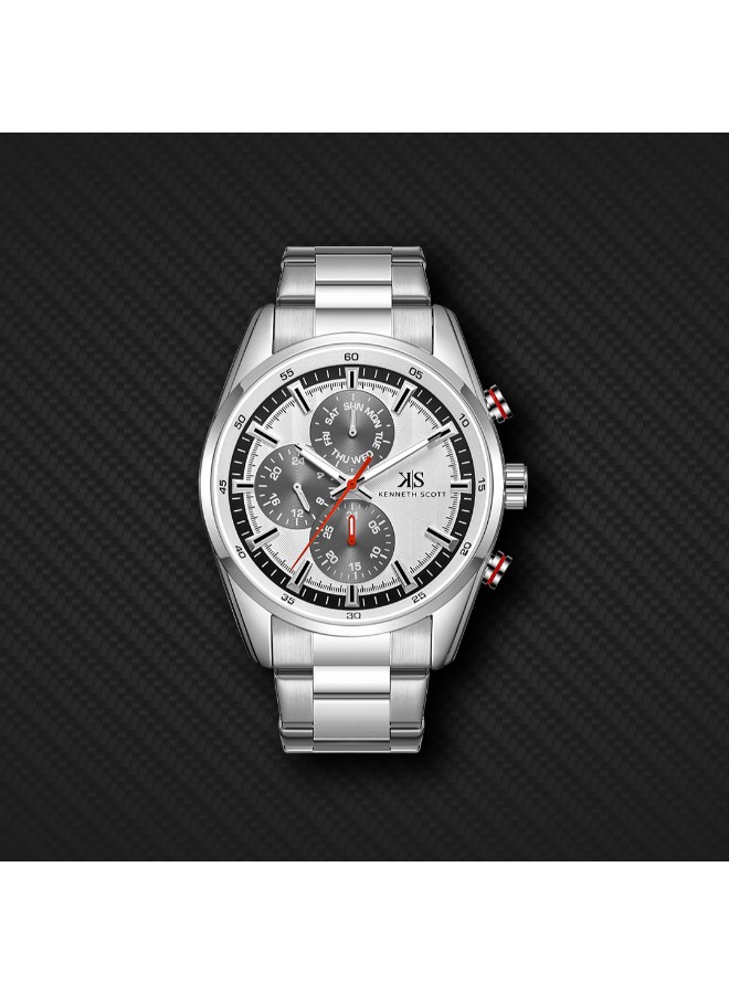 Kenneth Scott Men’s Multi Function Watch | White Dial, 47mm, 30 m (3 ATM)