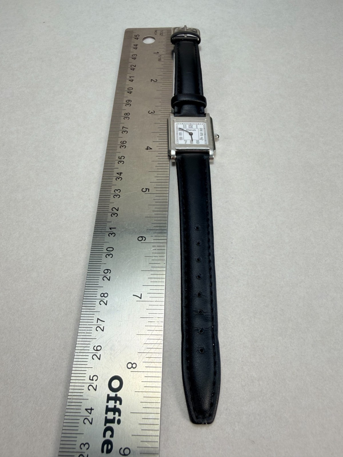 Tiffany & Co Swiss Made Tank Watch Stainless Steel Quartz Leather Strap Working