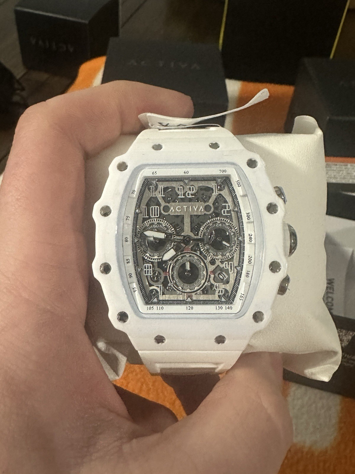 Activa Sport Skeleton Multi-Dial Wristwatch Gray Dial White Rubber Band with Box