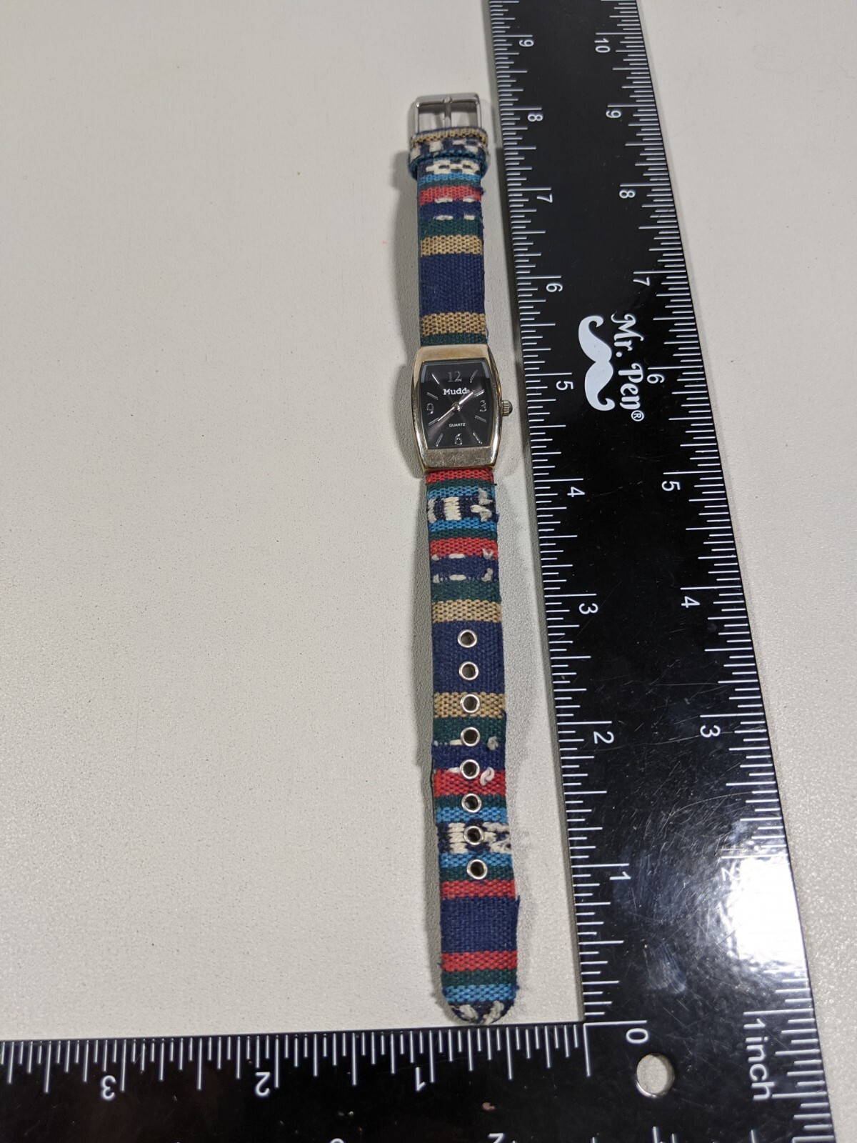 Mudd Black Dial Silver Tone Rectangle Case Multicolor Plaid Canvas Band Watch