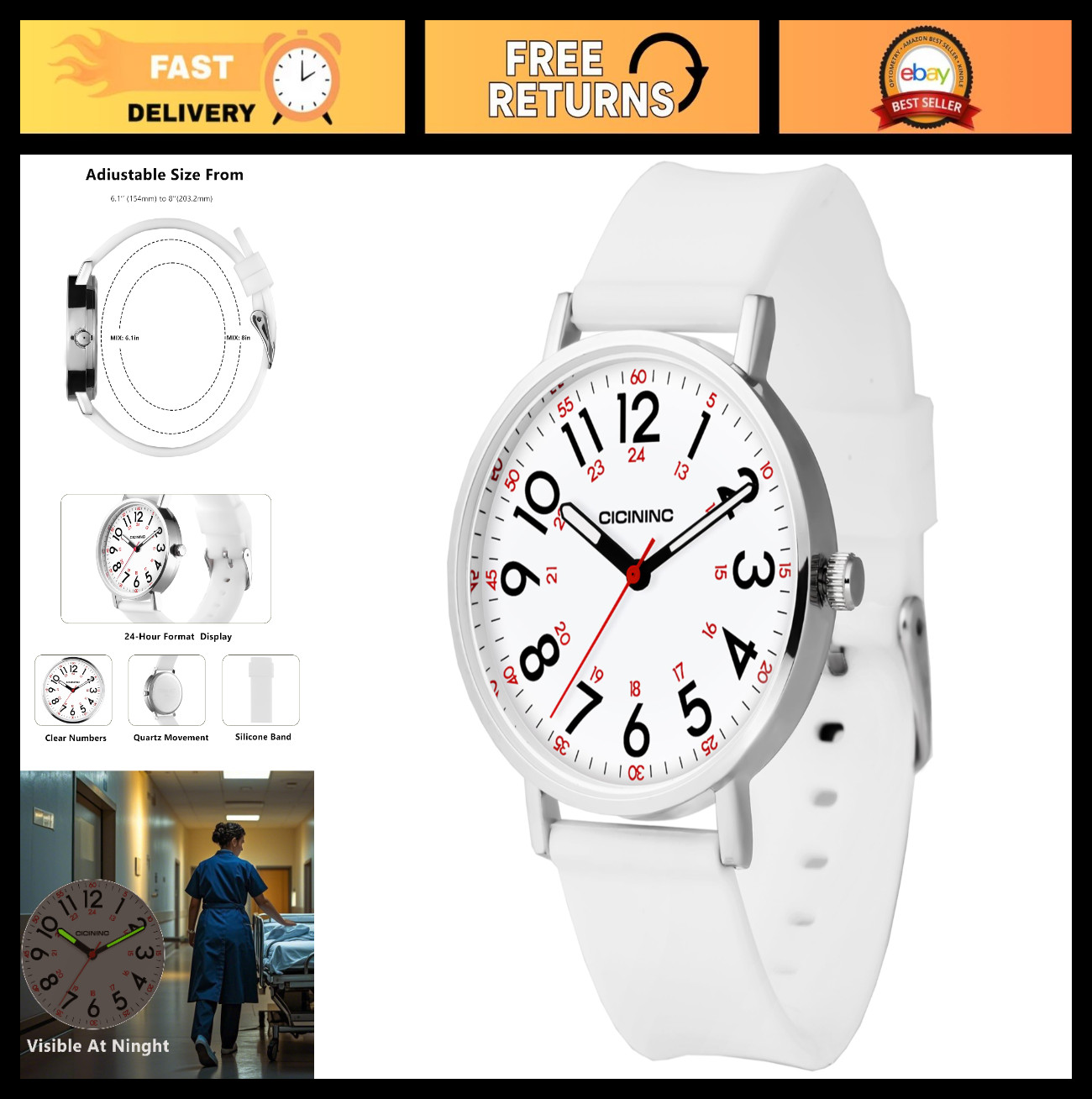 Nurse Watch for Women – Analog Nursing Timepiece with 12/24 Hour Format & Second
