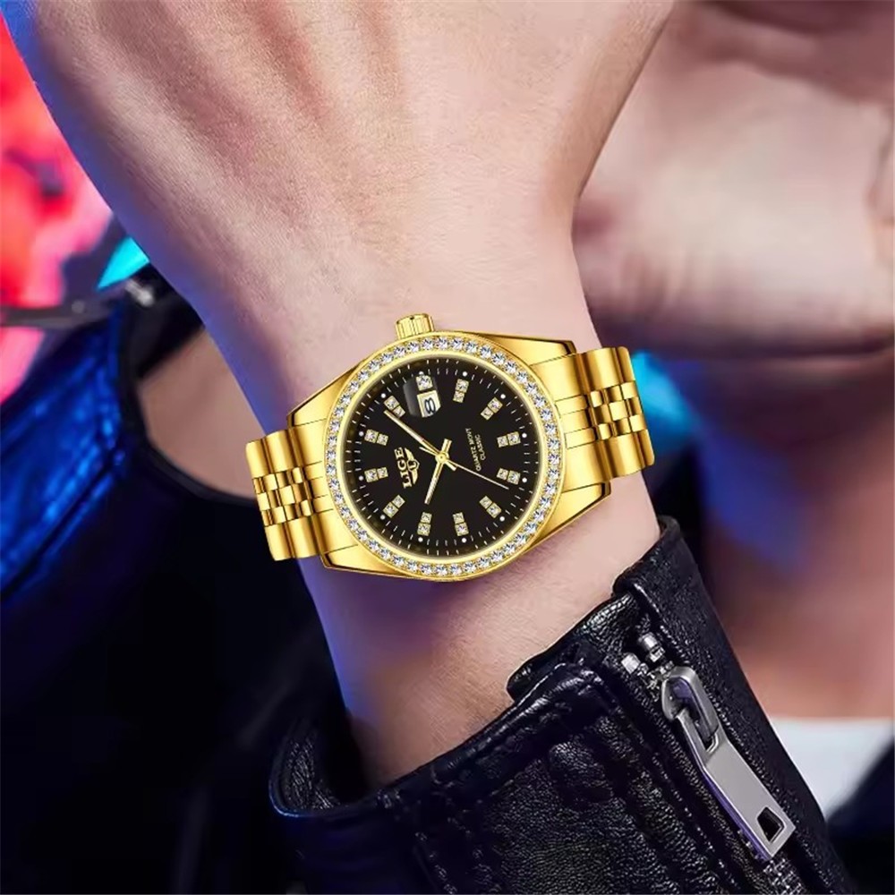 LIGE Men Quartz Watch Luxury Gold Steel Wristwatch Male Calendar Date Watches