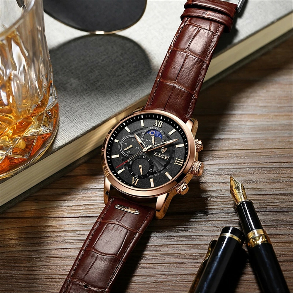 LIGE Men Watch Casual Brown Leather Wristwatch Business Male Calendar Watches