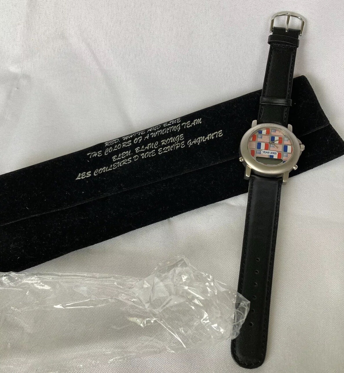 Year 2000 Wrist Watch 1.5″ Red White Blue France & USA Flags Black Leather Strap