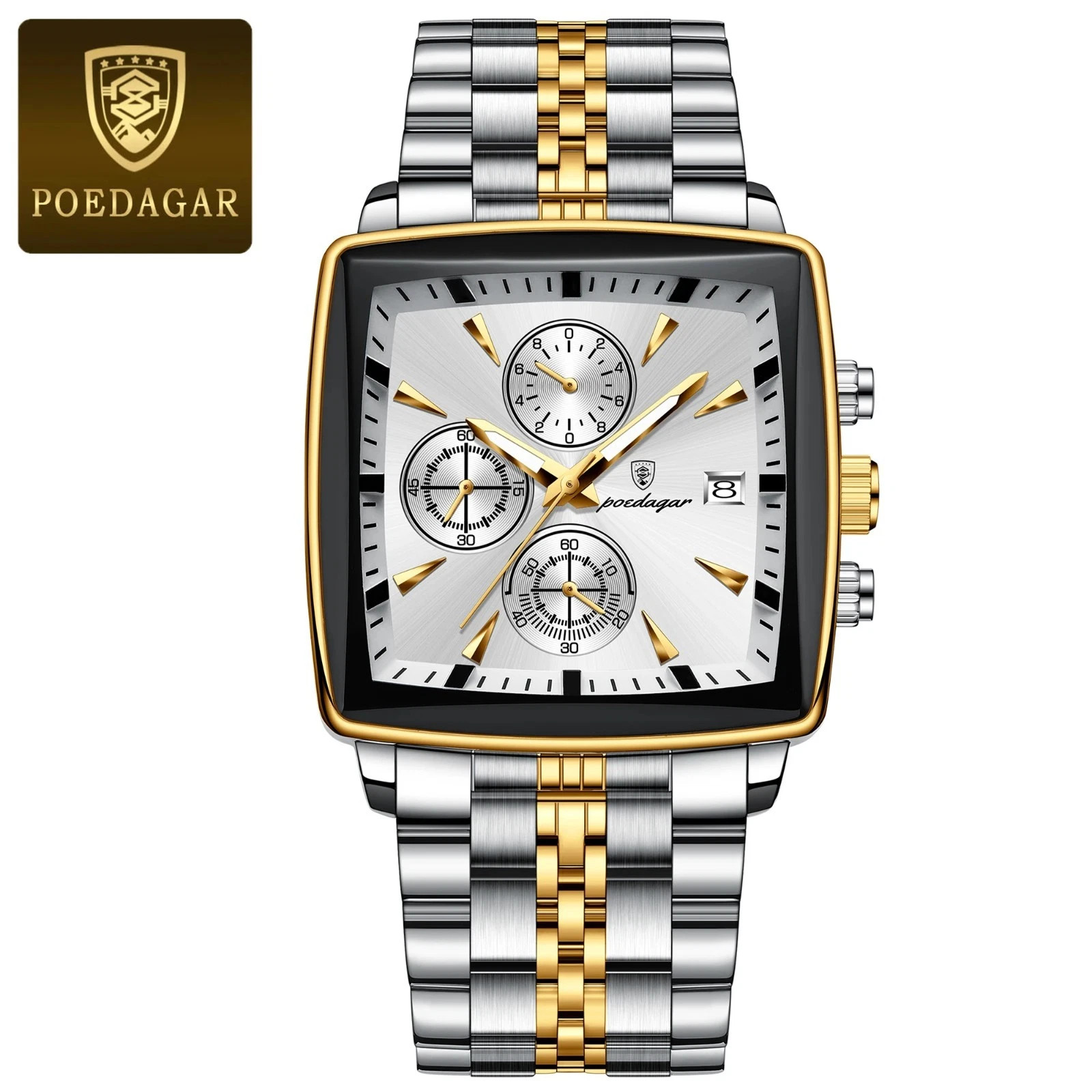 Luxury Men’s Watch Square Stainless Steel Waterproof Luminous Chrono