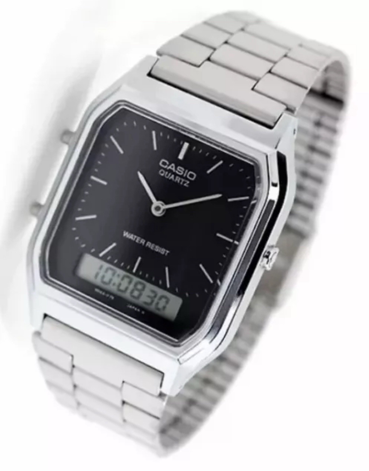 Casio AQ-230A Dual Time Silver Retro Stainless Steel Analog Digital Watch 38.8mm