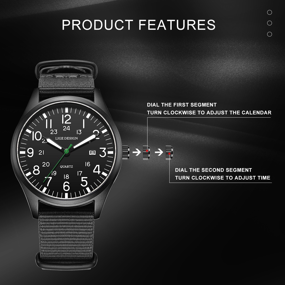 LIGE Men Watch Quartz 24Hours Nylon Band Luminous Waterproof Casual Wristwatch
