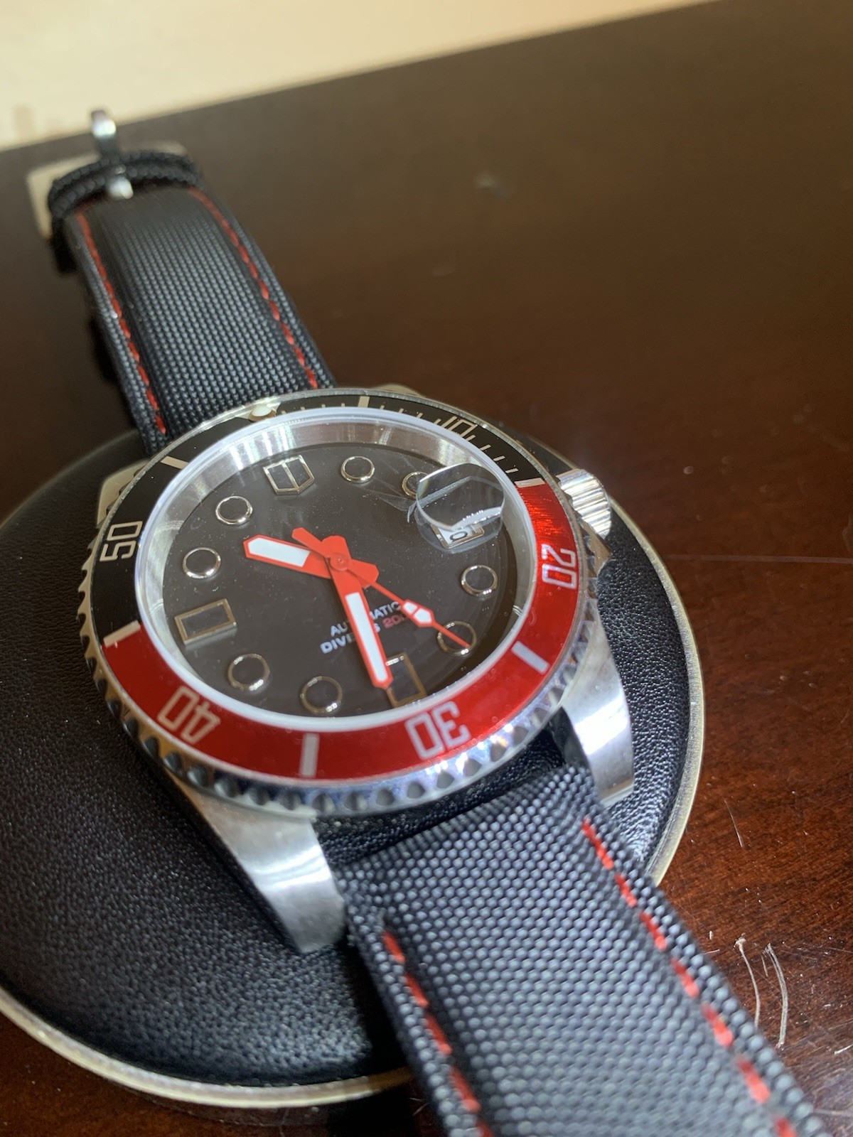 Automatic Diver Watch 200m Black Dial Red/Black Rotating Bezel Nylon Strap