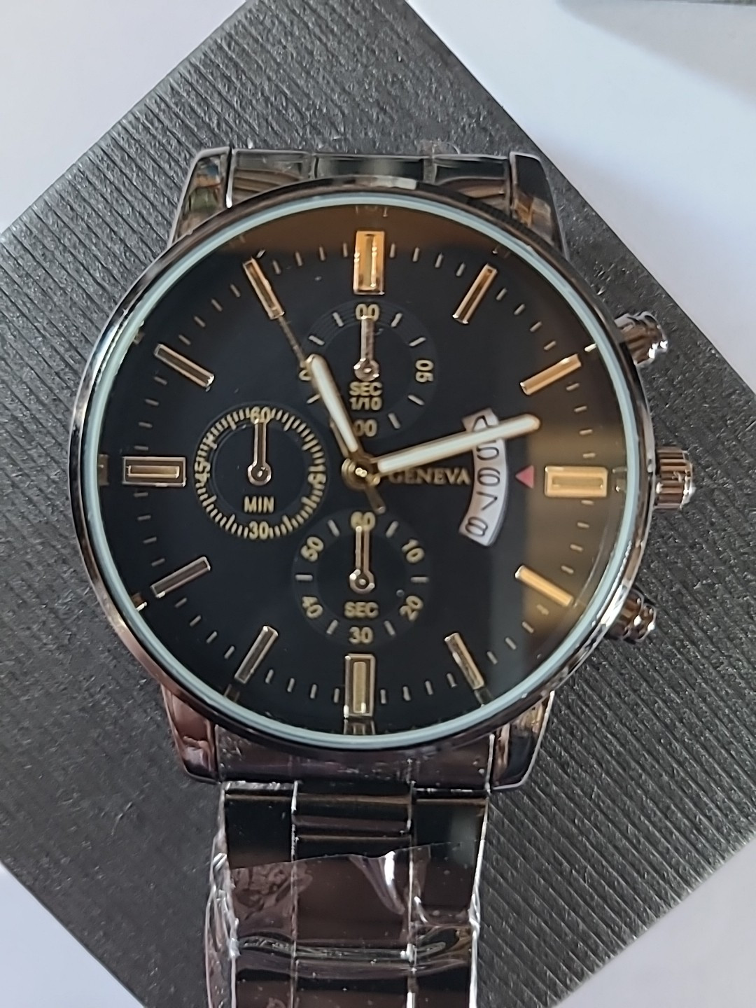 Geneva Men’s Gloss Black Watch With Black Dial With Gold 8 3/4 Inch Band