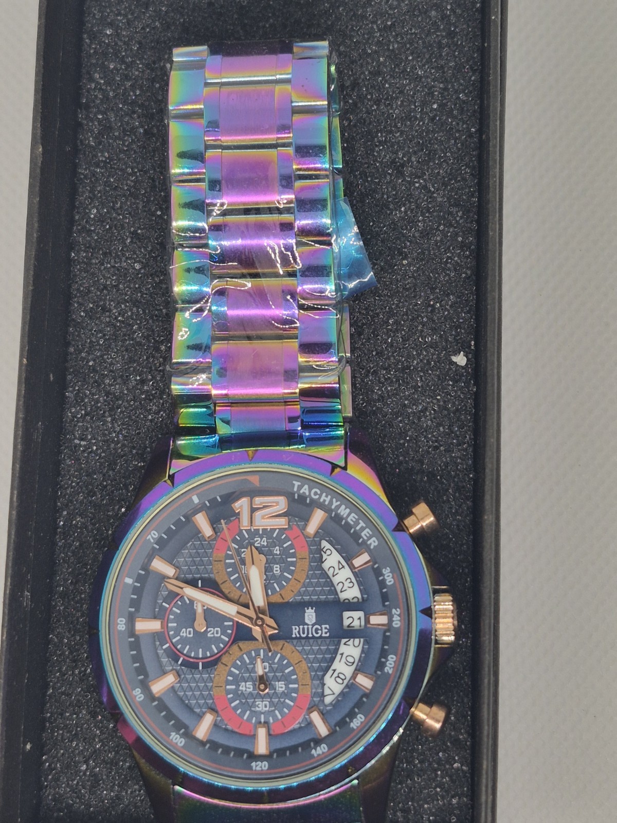 RUIGE Quartz Chronograph Tachymeter Date Watch Black Dial Multicolor Metal Box