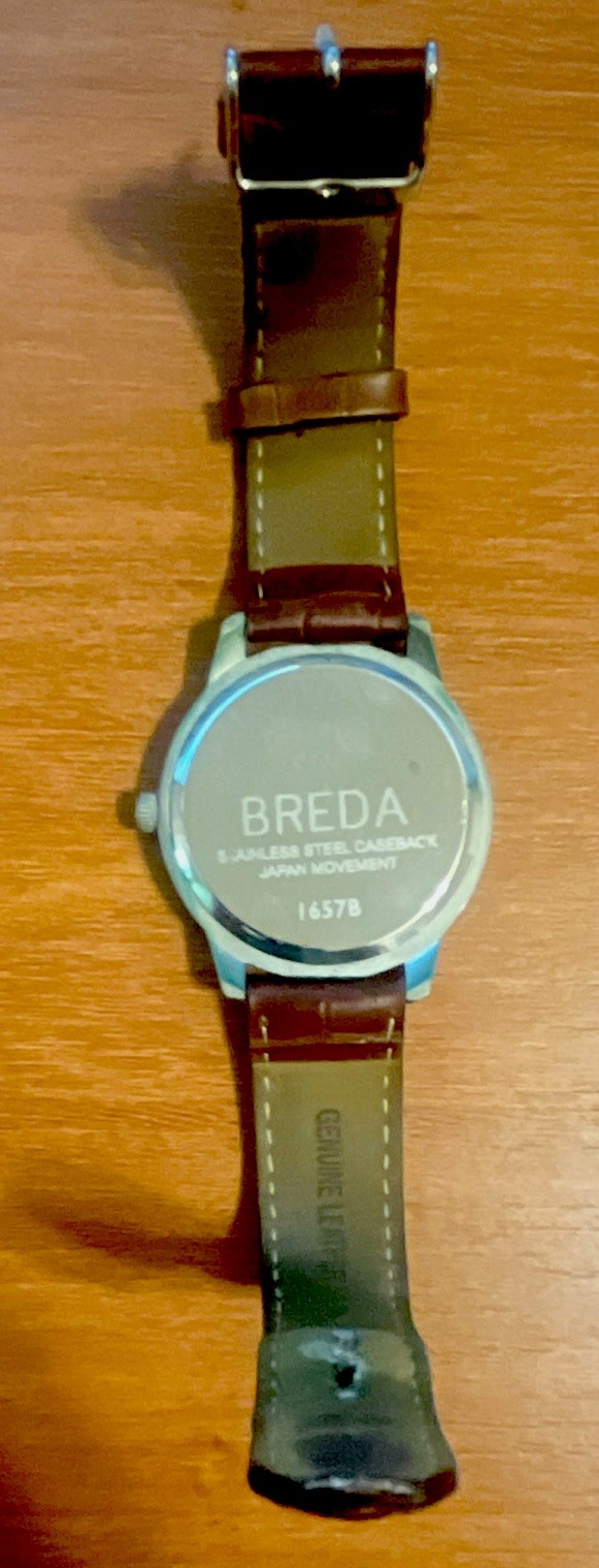 BREDA 1657B Quartz Analog Watch White Roman Dial Silver Case Brown Leather